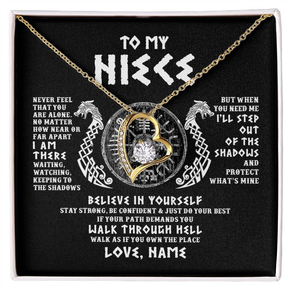 Forever Love Necklace 18K Yellow Gold Finish | 1 | Personalized To My Niece Necklace Viking Never Feel You Are Alone Odin Scandinavian Norse Runes Niece Birthday Christmas Pendant Customized Gift Message Card | siriusteestore