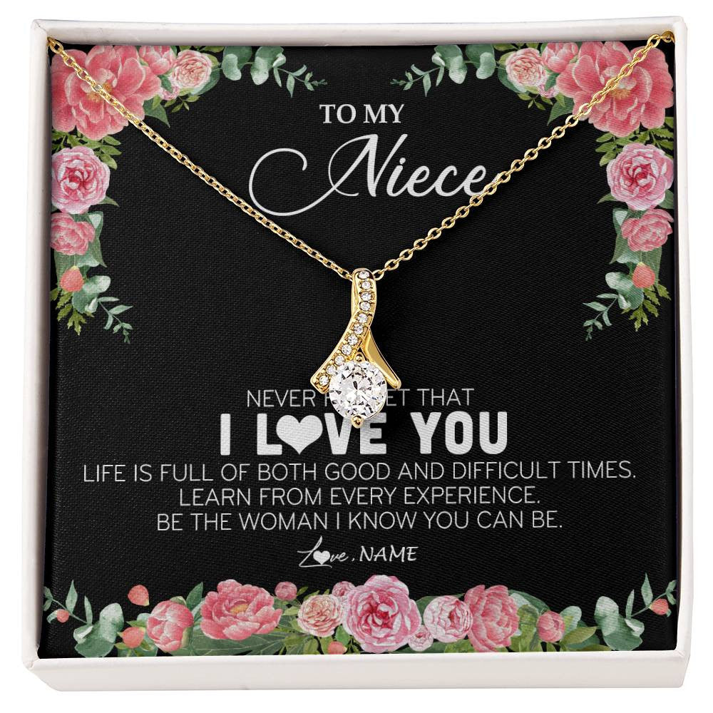 Alluring Beauty Necklace 18K Yellow Gold Finish | Personalized To My Niece Necklace from Aunt Uncle Never Forget I Love You Floral Jewelry for Niece Birthday Graduation Christmas Customized Message Card | siriusteestore