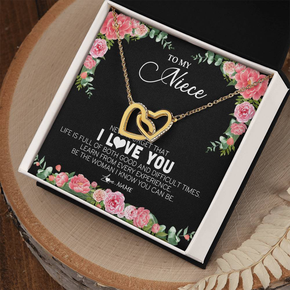 Interlocking Hearts Necklace 18K Yellow Gold Finish | Personalized To My Niece Necklace from Aunt Uncle Never Forget I Love You Floral Jewelry for Niece Birthday Graduation Christmas Customized Message Card | siriusteestore