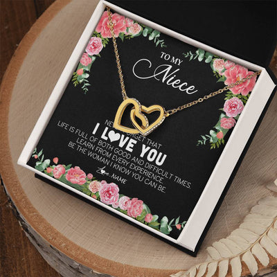 Interlocking Hearts Necklace 18K Yellow Gold Finish | Personalized To My Niece Necklace from Aunt Uncle Never Forget I Love You Floral Jewelry for Niece Birthday Graduation Christmas Customized Message Card | siriusteestore