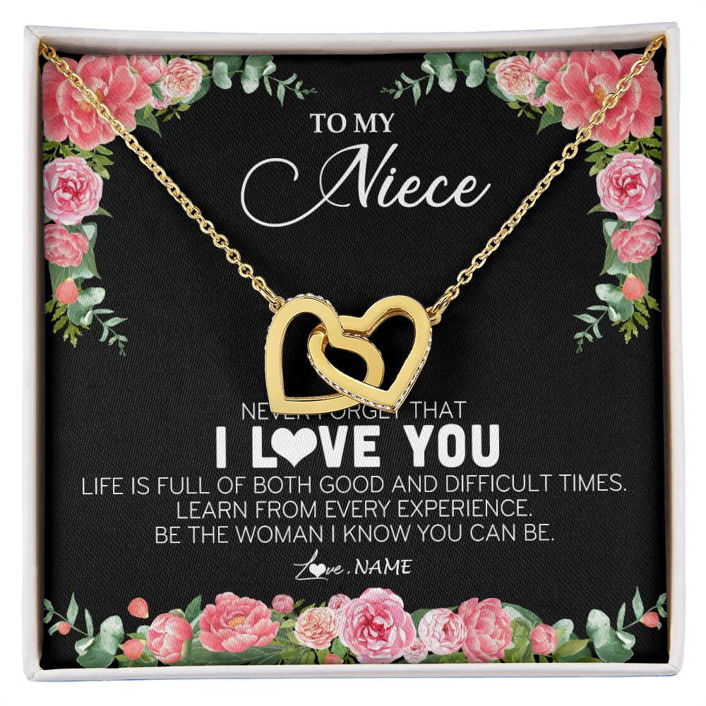 Interlocking Hearts Necklace 18K Yellow Gold Finish | Personalized To My Niece Necklace from Aunt Uncle Never Forget I Love You Floral Jewelry for Niece Birthday Graduation Christmas Customized Message Card | siriusteestore
