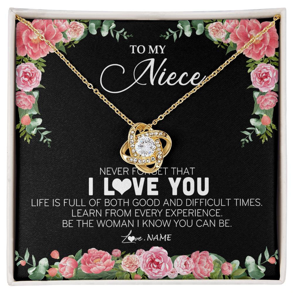 Love Knot Necklace 18K Yellow Gold Finish | Personalized To My Niece Necklace from Aunt Uncle Never Forget I Love You Floral Jewelry for Niece Birthday Graduation Christmas Customized Message Card | siriusteestore