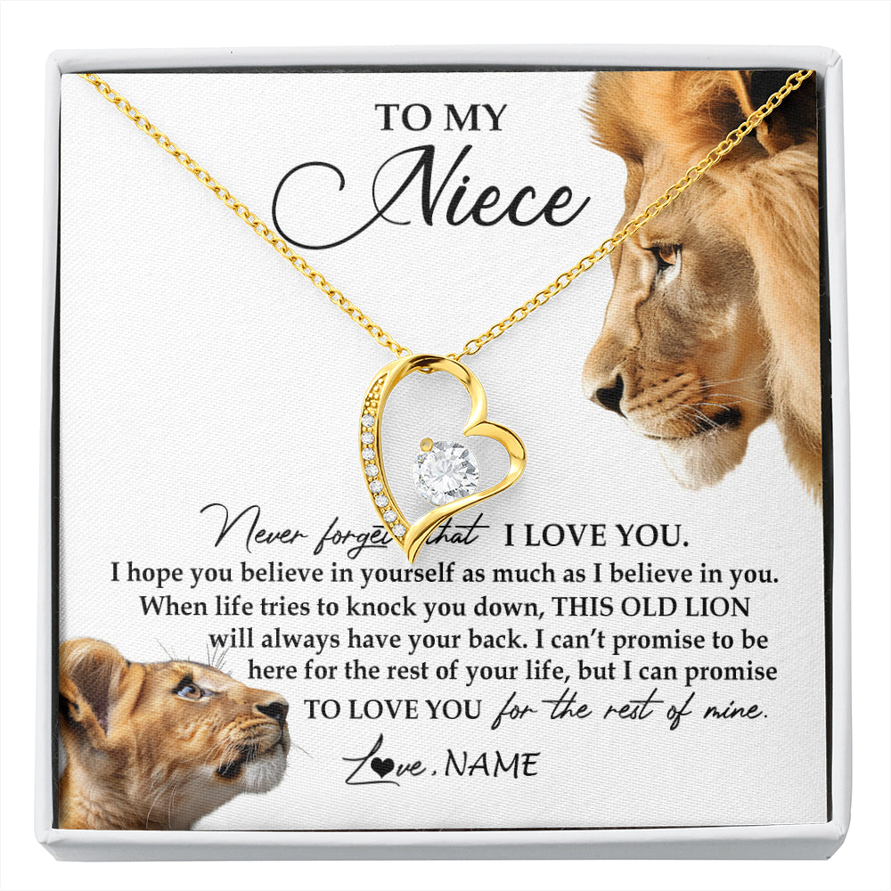 Forever Love Necklace 18K Yellow Gold Finish | 1 | Personalized To My Niece Necklace from Uncle Never Forget I Love You Lion Jewelry Niece Birthday Graduation Christmas Customized Message Card | siriusteestore