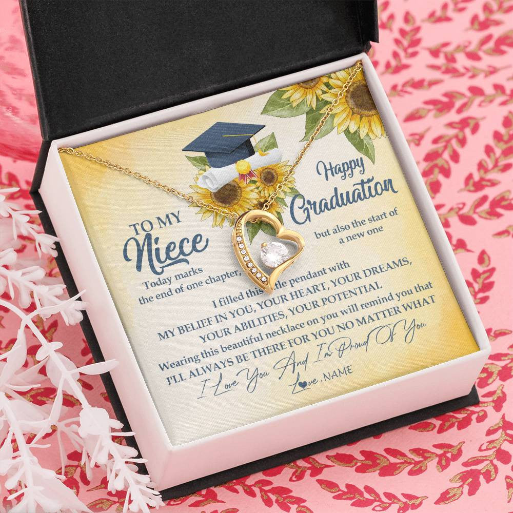 Forever Love Necklace 18K Yellow Gold Finish | Personalized To My Niece On Her Graduation Day Necklace Flower I Love You I'm Proud Of You Class of 2023 Niece Jewelry Customized Gift Box Message Card | siriusteestore