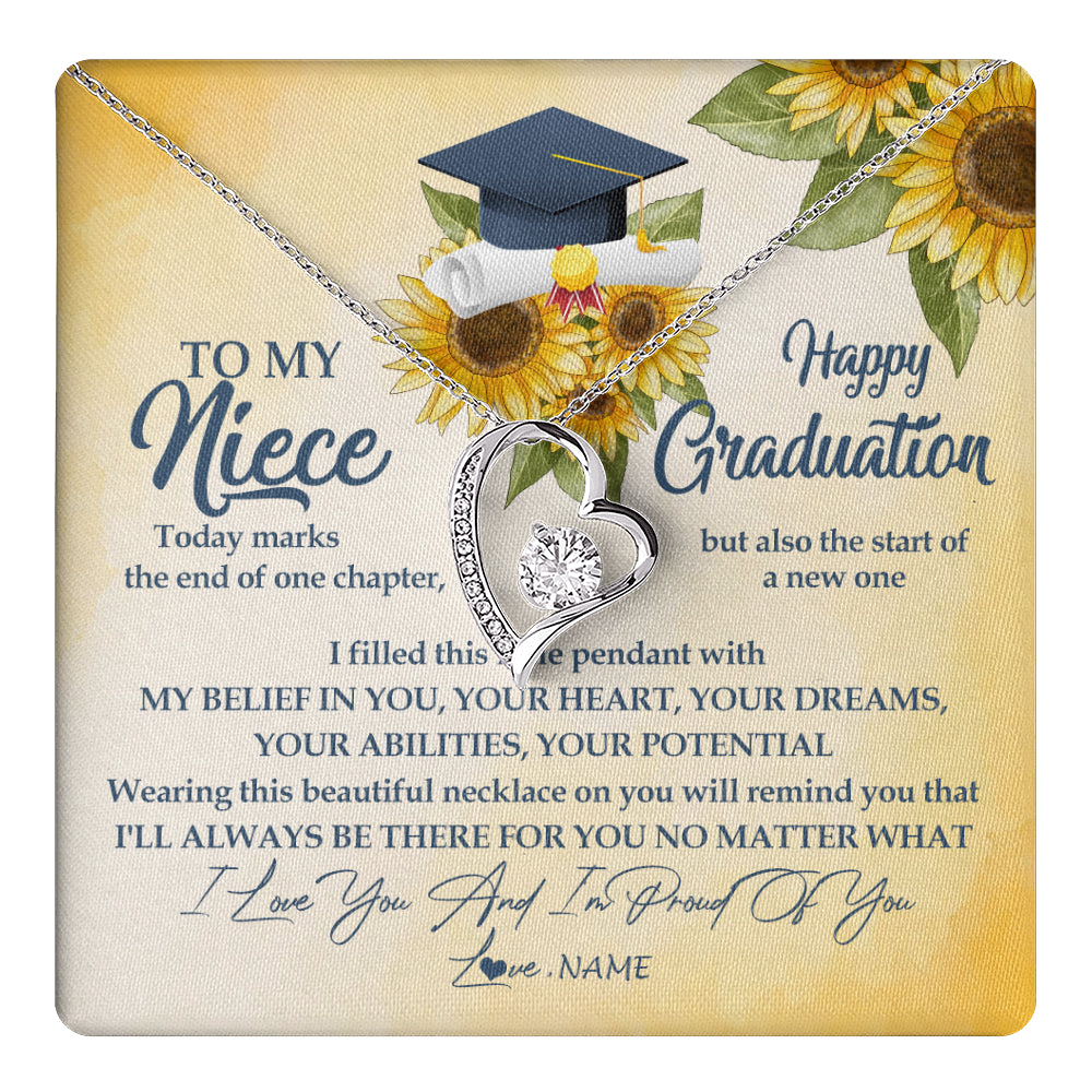 Forever Love Necklace 14K White Gold Finish | 1 | Personalized To My Niece On Her Graduation Day Necklace Flower I Love You I'm Proud Of You Class of 2024 Niece Jewelry Customized Gift Box Message Card | siriusteestore