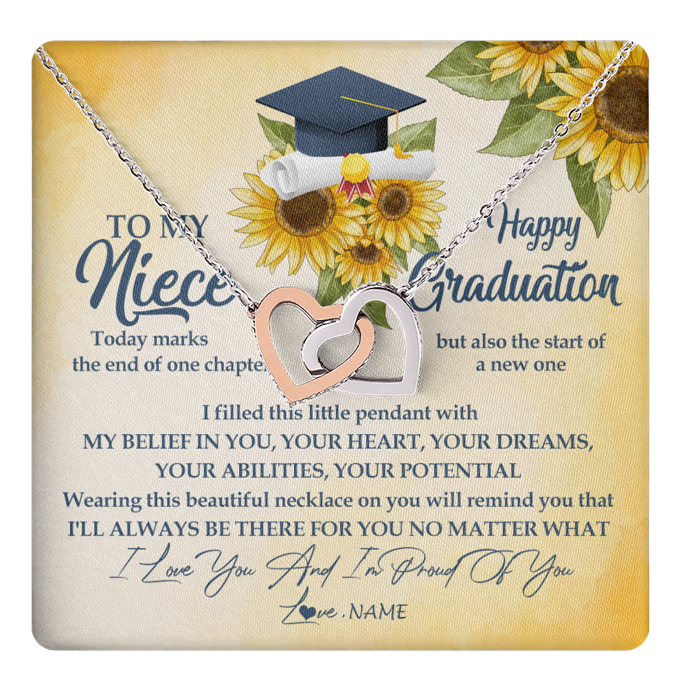 Interlocking Hearts Necklace Stainless Steel & Rose Gold Finish | 1 | Personalized To My Niece On Her Graduation Day Necklace Flower I Love You I'm Proud Of You Class of 2024 Niece Jewelry Customized Gift Box Message Card | siriusteestore