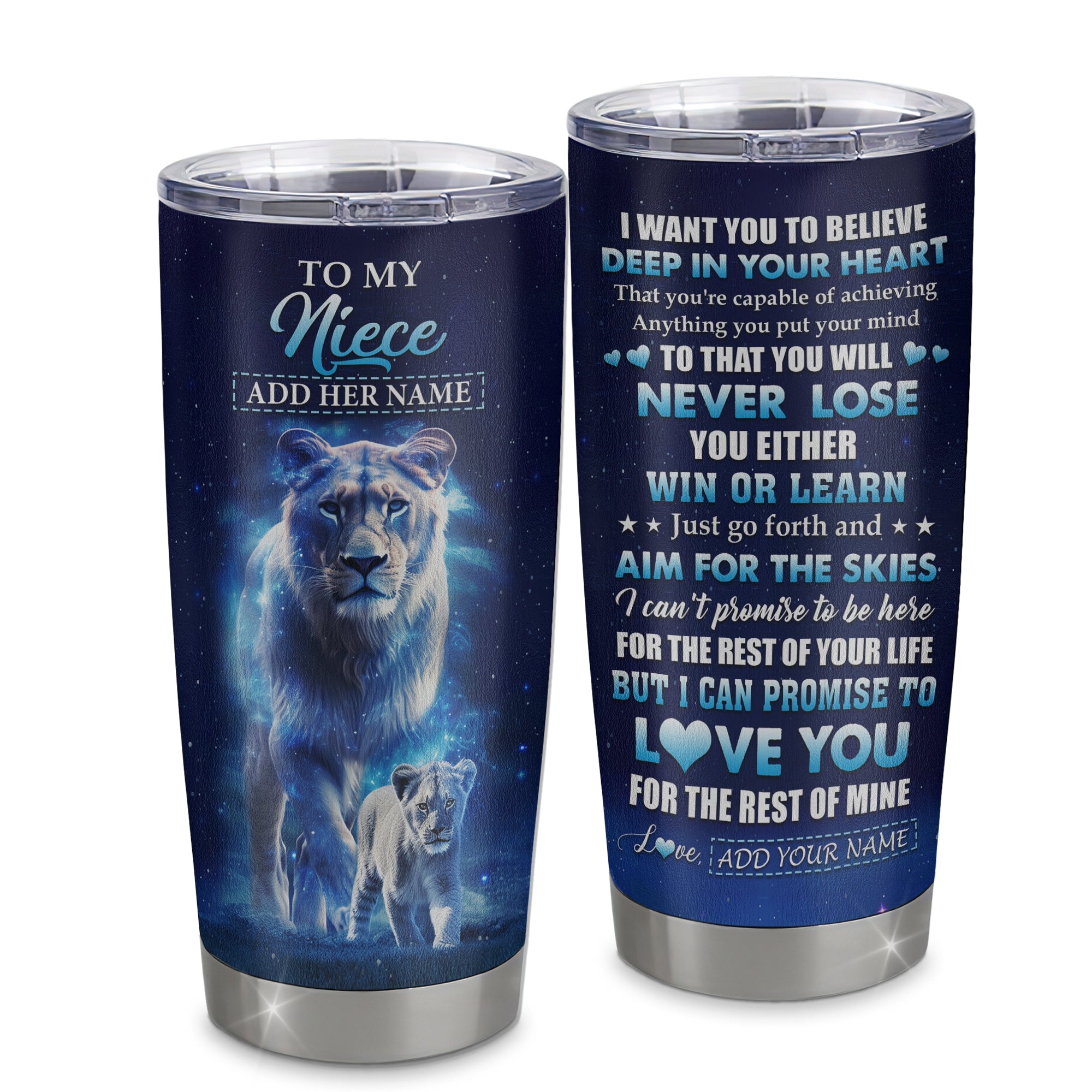 Personalized To My Niece Tumbler From Aunt Auntie Believe Your Heart Niece Gift Birthday Graduation Christmas Custom Stainless Steel Cup Travel Mug | siriusteestore