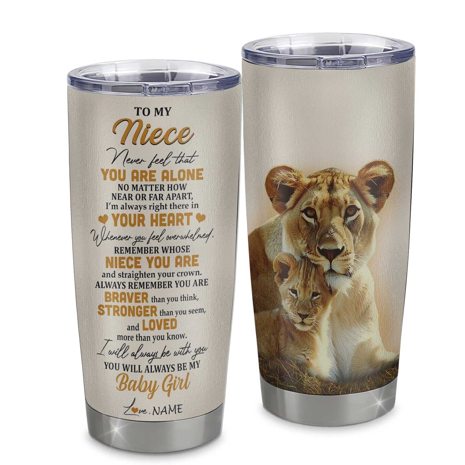 Personalized To My Niece Tumbler From Aunt Auntie Stainless Steel Cup Lion Never Feel That You Are Alone Great Niece Birthday Christmas Travel Mug | siriusteestore