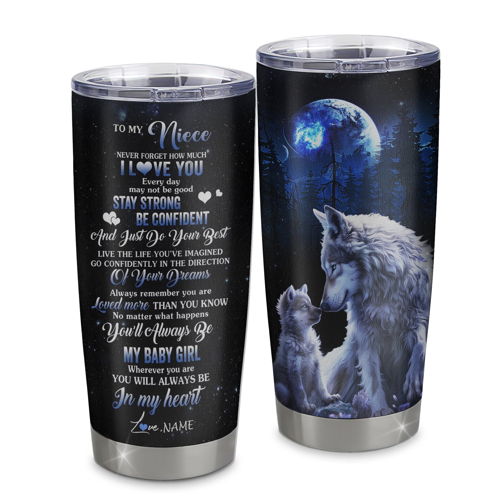 Personalized To My Niece Tumbler From Aunt Auntie Uncle Stainless Steel Wolf Never Forget How Much I Love You Niece Birthday Graduation Christmas Travel Mug | siriusteestore