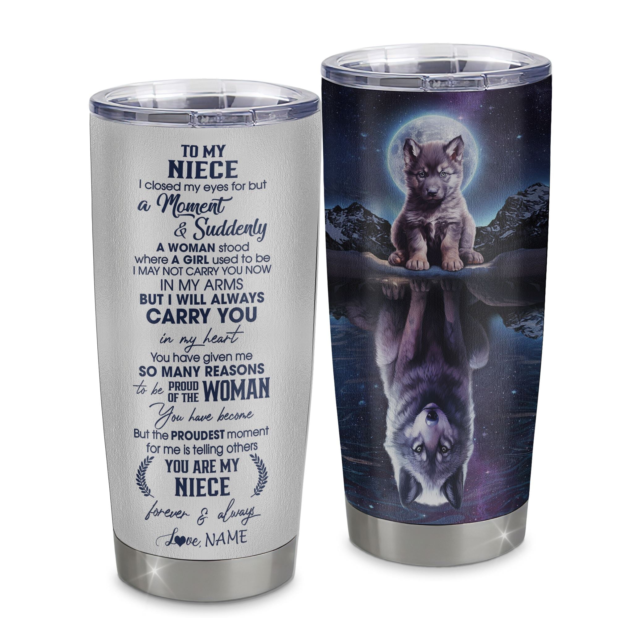 Personalized To My Niece Tumbler From Aunt Uncle Auntie Stainless Steel Cup I Close My Eyes Wolf Niece Birthday Gifts Graduation Christmas Custom Travel Mug | siriusteestore