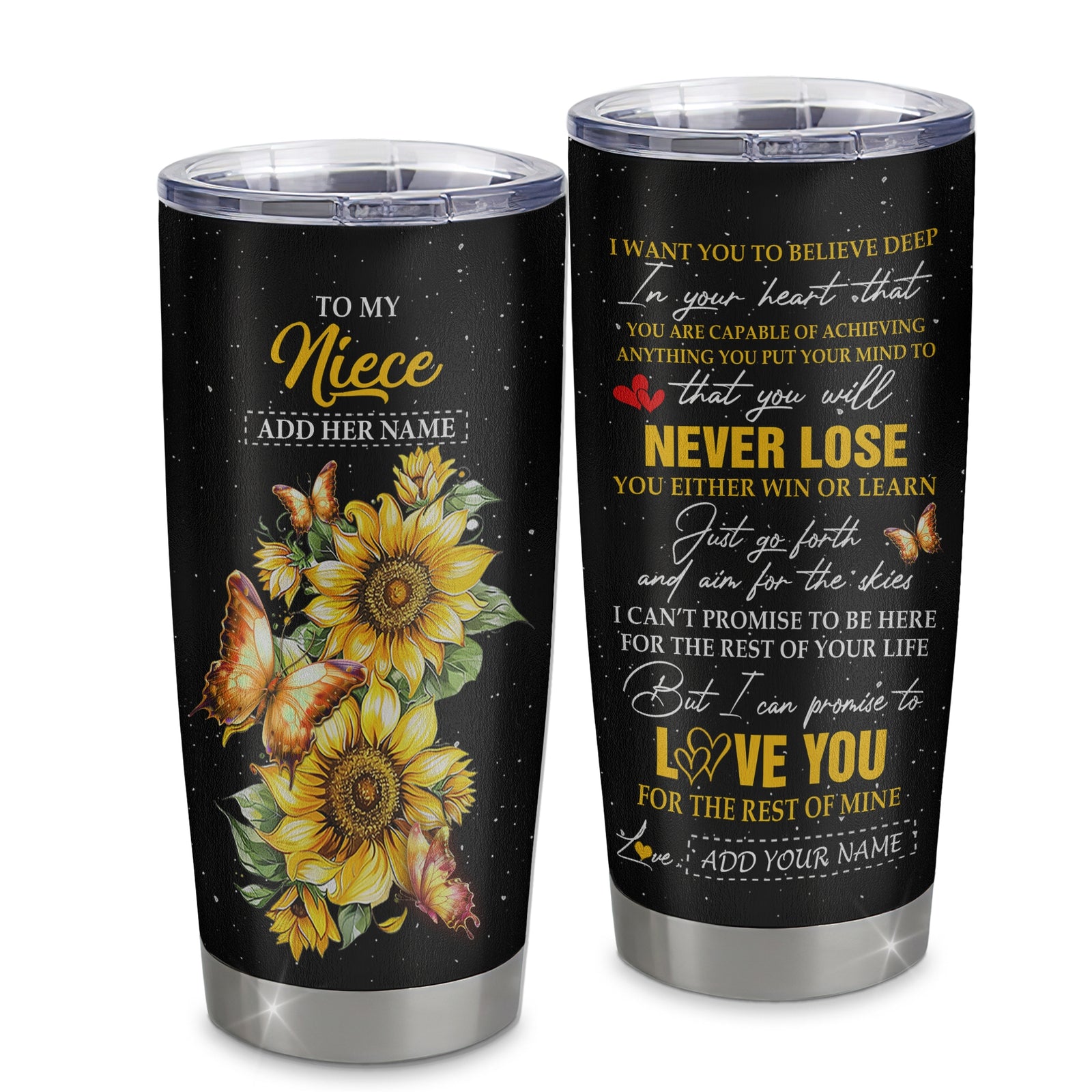 Personalized To My Niece Tumbler From Aunt Uncle Auntie You Will Never Lose Sunflower Niece Birthday Gifts Graduation Christmas Custom Stainless Steel Cup Travel Mug | siriusteestore