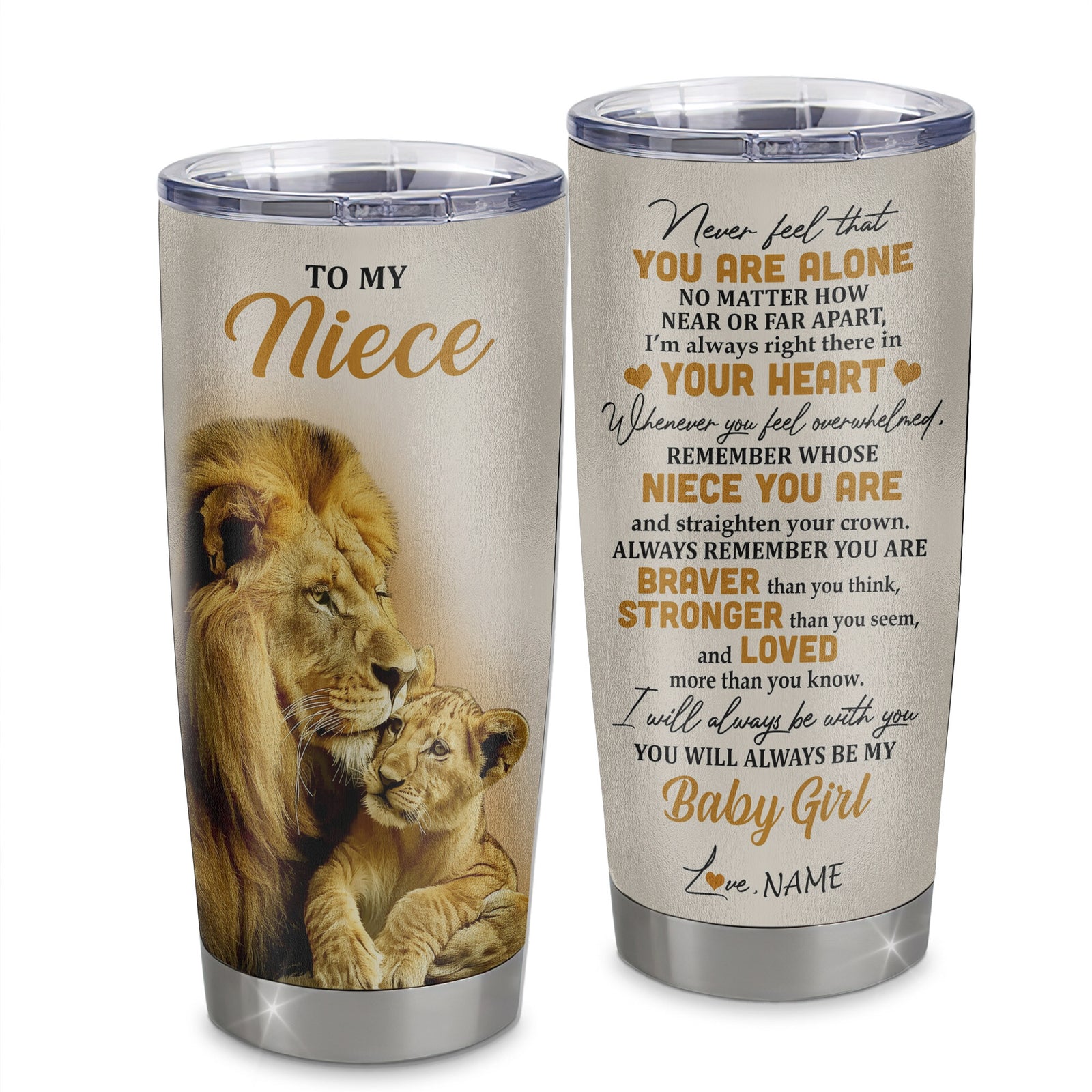 Personalized To My Niece Tumbler From Uncle Stainless Steel Cup Lion Never Feel That You Are Alone Great Niece Pendant Birthday Christmas Travel Mug | siriusteestore