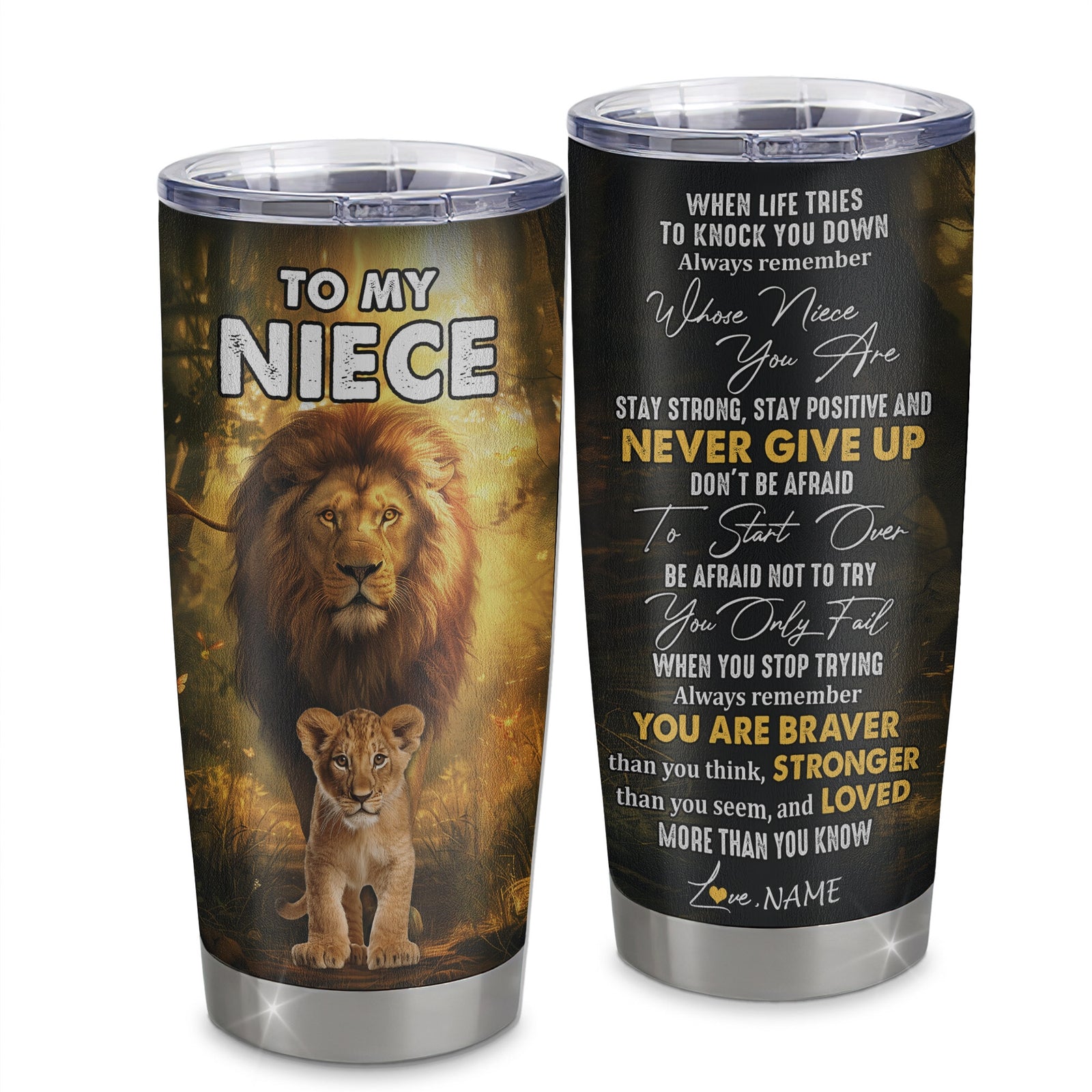 Personalized To My Niece Tumbler From Uncle Stainless Steel Cup Lion Never Give Up Niece Birthday Graduation Christmas Travel Mug | siriusteestore