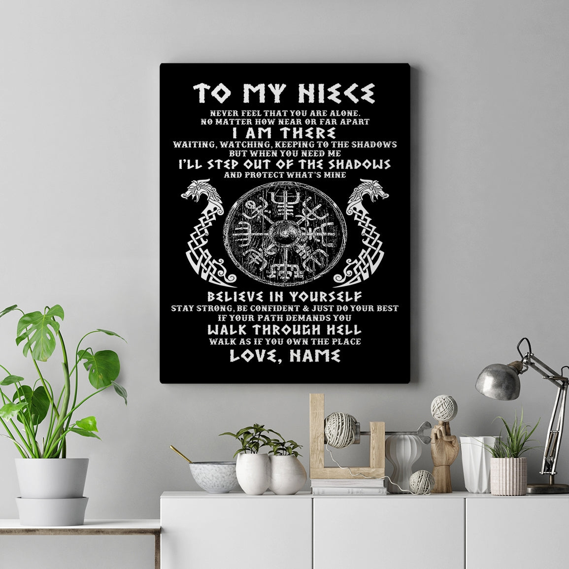 Personalized To My Niece Viking Canvas Never Feel You Are Alone Odin Scandinavian Norse Runes Niece Birthday Gifts Christmas Custom Wall Art Print Framed Canvas | siriusteestore