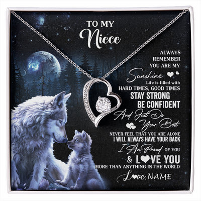 Forever Love Necklace 14K White Gold Finish | 1 | Personalized To My Niece Wolf Necklace From Aunt Uncle Auntie Always Remember Niece Birthday Graduation Christmas Customized Gift Box Message Card | siriusteestore