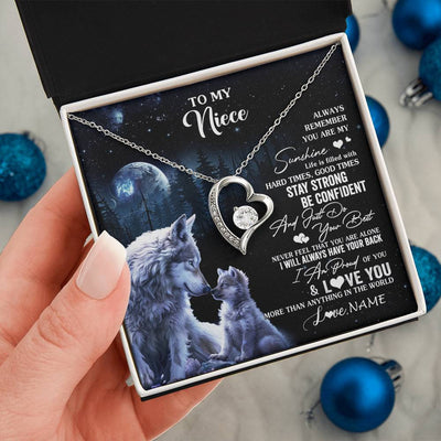 Forever Love Necklace 14K White Gold Finish | 2 | Personalized To My Niece Wolf Necklace From Aunt Uncle Auntie Always Remember Niece Birthday Graduation Christmas Customized Gift Box Message Card | siriusteestore