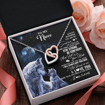 Interlocking Hearts Necklace Stainless Steel & Rose Gold Finish | 2 | Personalized To My Niece Wolf Necklace From Aunt Uncle Auntie Always Remember Niece Birthday Graduation Christmas Customized Gift Box Message Card | siriusteestore