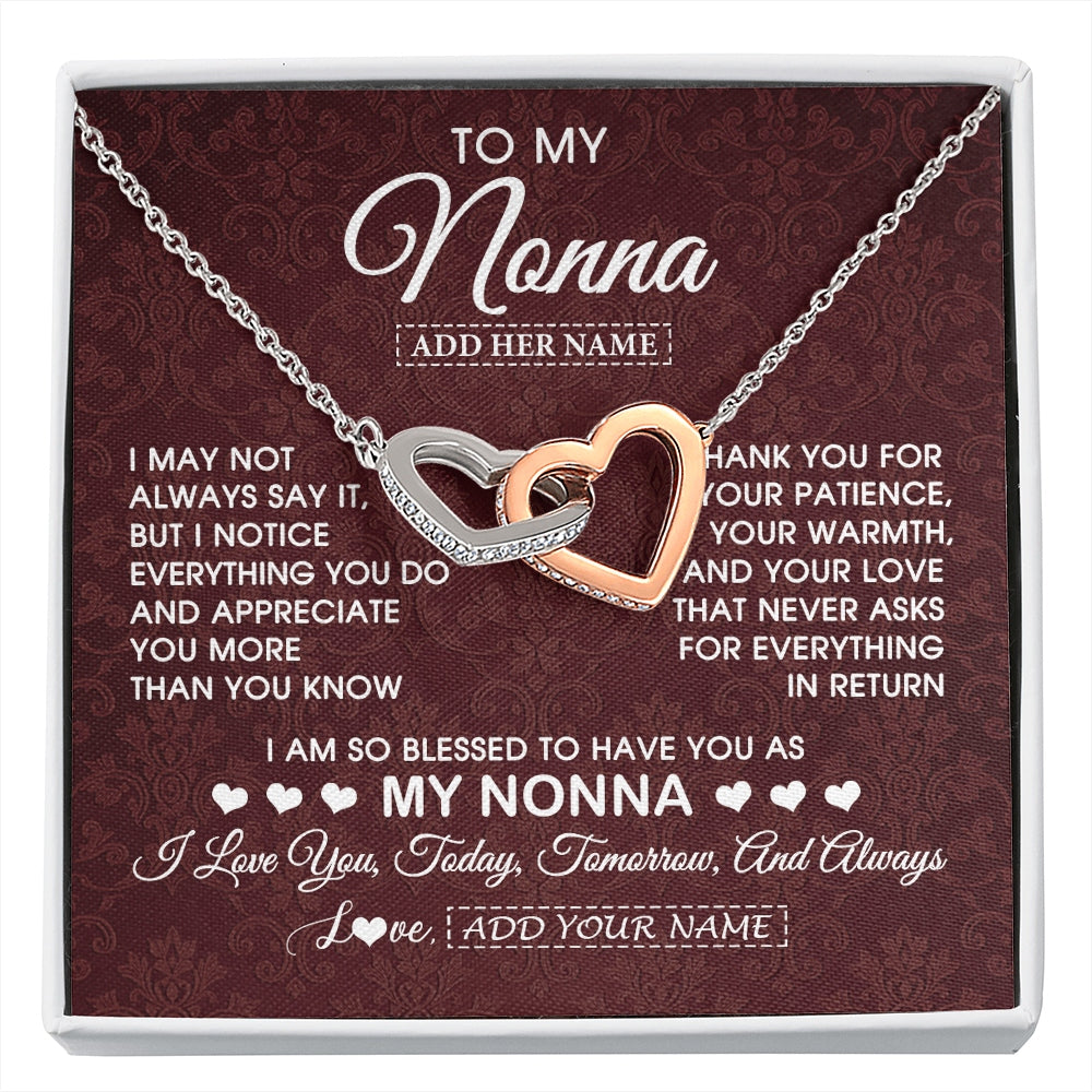 Interlocking Hearts Necklace Stainless Steel & Rose Gold Finish | 1 | Personalized To My Nonna Gifts From Granddaughter Necklace Meaningful Jewelry Pendant Gifts For Nonna Mothers Day Birthday Christmas Gift Box Message Card | https://siriusteestore.