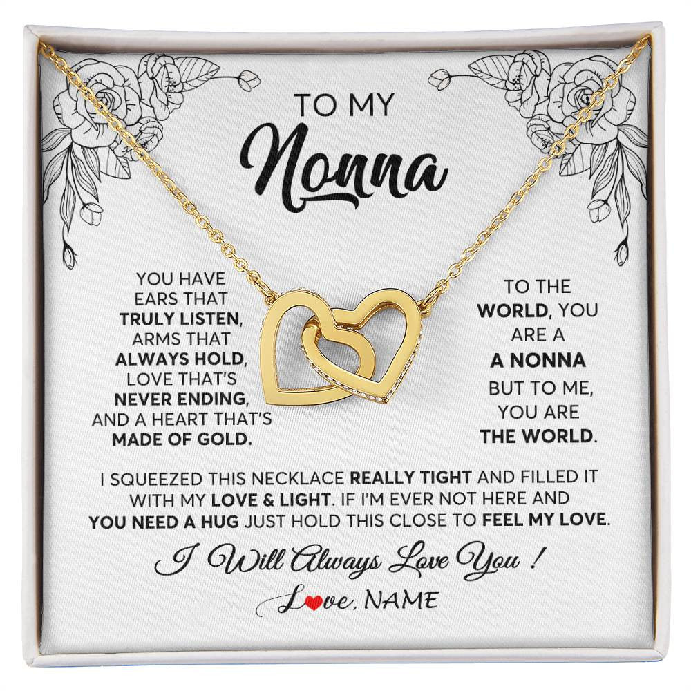 Interlocking Hearts Necklace 18K Yellow Gold Finish | 1 | Personalized To My Nonna Necklace From Grandkids Granddaughter Hold This Close Feel My Love Nonna Birthday Mothers Day Jewelry Customized Gift Box Message Card | siriusteestore