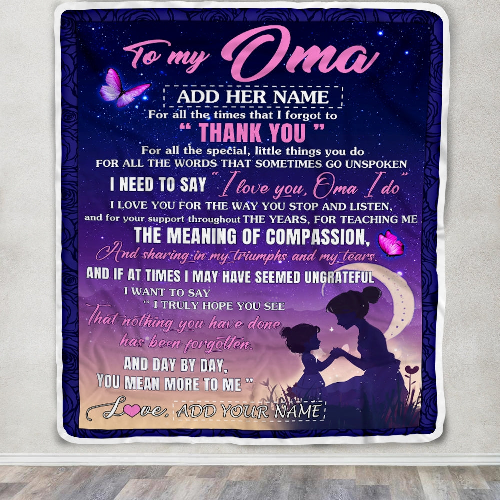 Personalized To My Oma Blanket From Grandkids Granddaughter Night Sky Thank You Love You Oma Birthday Gifts Mothers Day Christmas Customized Fleece Blanket | siriusteestore