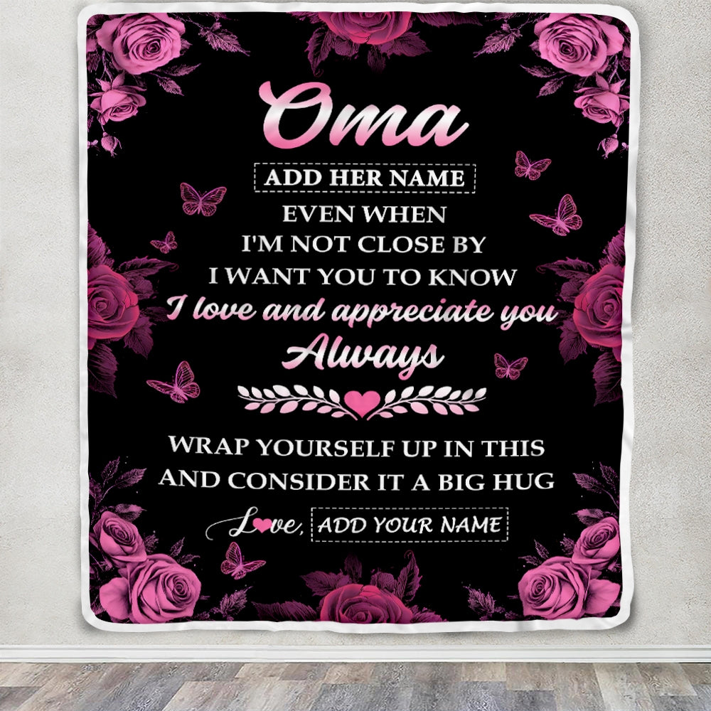 Personalized To My Oma Gifts From Granddaughter Grandson Blanket Rose Floral It A Big Hug Birthday Gift Idea For Oma Gifts Christmas Customized Fleece Blanket | siriusteestore