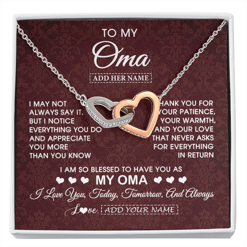 Interlocking Hearts Necklace Stainless Steel & Rose Gold Finish | 1 | Personalized To My Oma Gifts From Granddaughter Grandson Necklace Meaningful Jewelry Pendant Gifts For Oma Mothers Day Birthday Christmas Gift Box Message Card | https://siriusteestore.