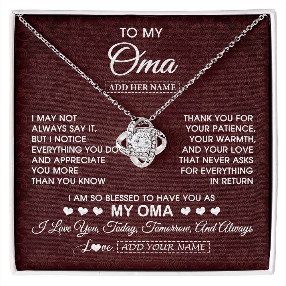 Love Knot Necklace 14K White Gold Finish | 1 | Personalized To My Oma Gifts From Granddaughter Grandson Necklace Meaningful Jewelry Pendant Gifts For Oma Mothers Day Birthday Christmas Gift Box Message Card | https://siriusteestore.