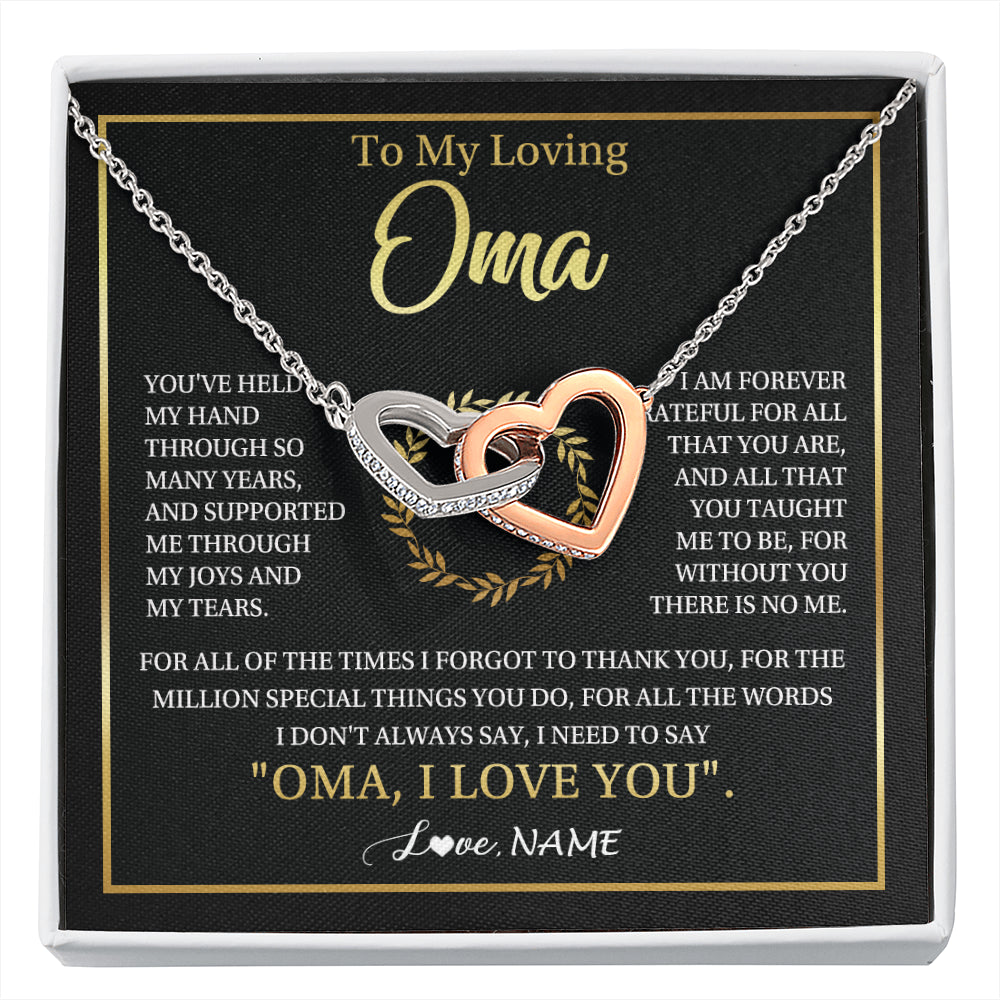 Interlocking Hearts Necklace Stainless Steel & Rose Gold Finish | 1 | Personalized To My Oma Gifts Necklace From Granddaughter Grandson Grateful Thank You Oma Birthday Mothers Day Christmas Customized Gift Box Message Card | siriusteestore