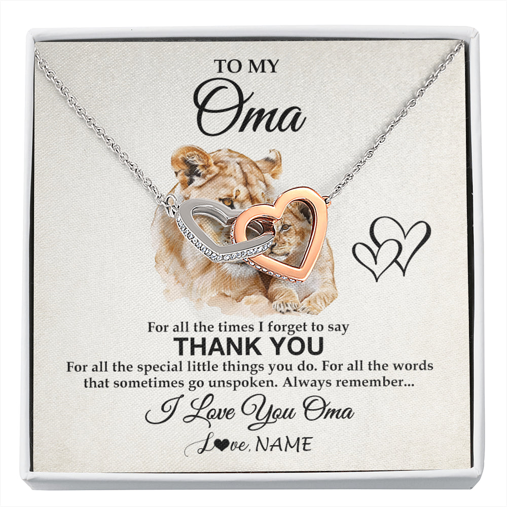Interlocking Hearts Necklace Stainless Steel & Rose Gold Finish | 1 | Personalized To My Oma Necklace From Granddaughter Grandson Thank You Lion Oma Gift For Mothers Day Birthday Gift Christmas For Oma Gift Box Message Card | siriusteestore