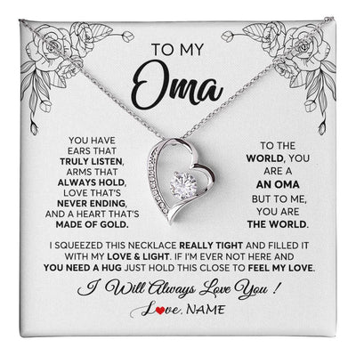 Forever Love Necklace 14K White Gold Finish | 1 | Personalized To My Oma Necklace From Grandkids Granddaughter Hold This Close Feel My Love Oma Birthday Mothers Day Christmas Customized Gift Box Message Card | siriusteestore