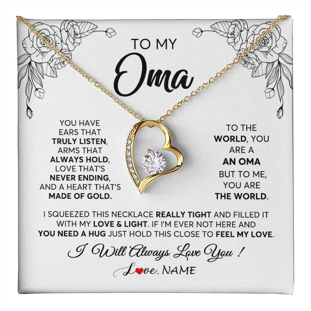 Forever Love Necklace 18K Yellow Gold Finish | 1 | Personalized To My Oma Necklace From Grandkids Granddaughter Hold This Close Feel My Love Oma Birthday Mothers Day Christmas Customized Gift Box Message Card | siriusteestore