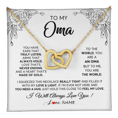 Interlocking Hearts Necklace 18K Yellow Gold Finish | 1 | Personalized To My Oma Necklace From Grandkids Granddaughter Hold This Close Feel My Love Oma Birthday Mothers Day Christmas Customized Gift Box Message Card | siriusteestore