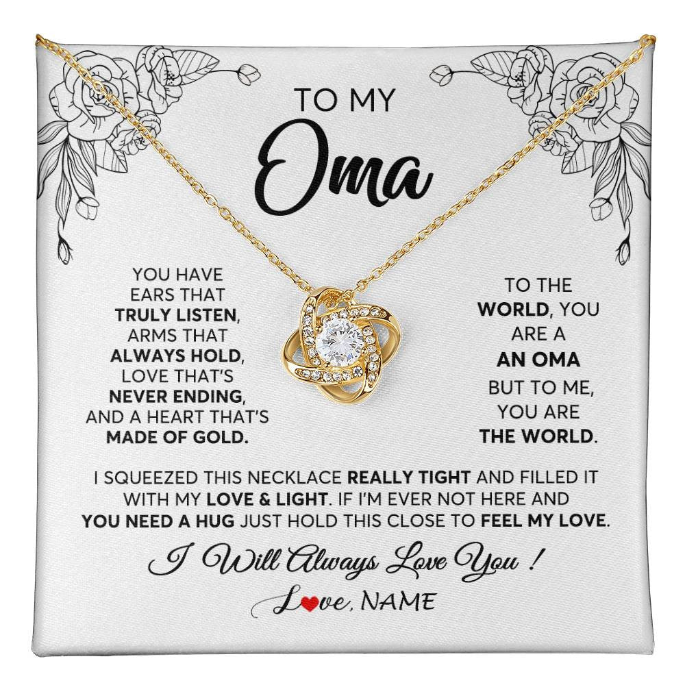 Love Knot Necklace 18K Yellow Gold Finish | 1 | Personalized To My Oma Necklace From Grandkids Granddaughter Hold This Close Feel My Love Oma Birthday Mothers Day Christmas Customized Gift Box Message Card | siriusteestore