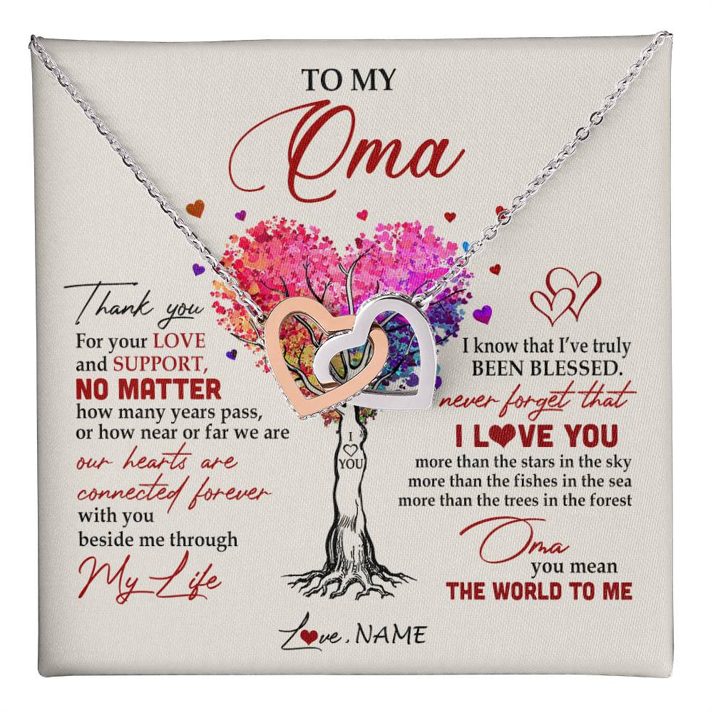 Interlocking Hearts Necklace Stainless Steel & Rose Gold Finish | 1 | Personalized To My Oma Necklace From Grandkids Never Forget That I Love You You Mean The World Oma Birthday Mothers Day Christmas Customized Gift Box Message Card | siriusteestore