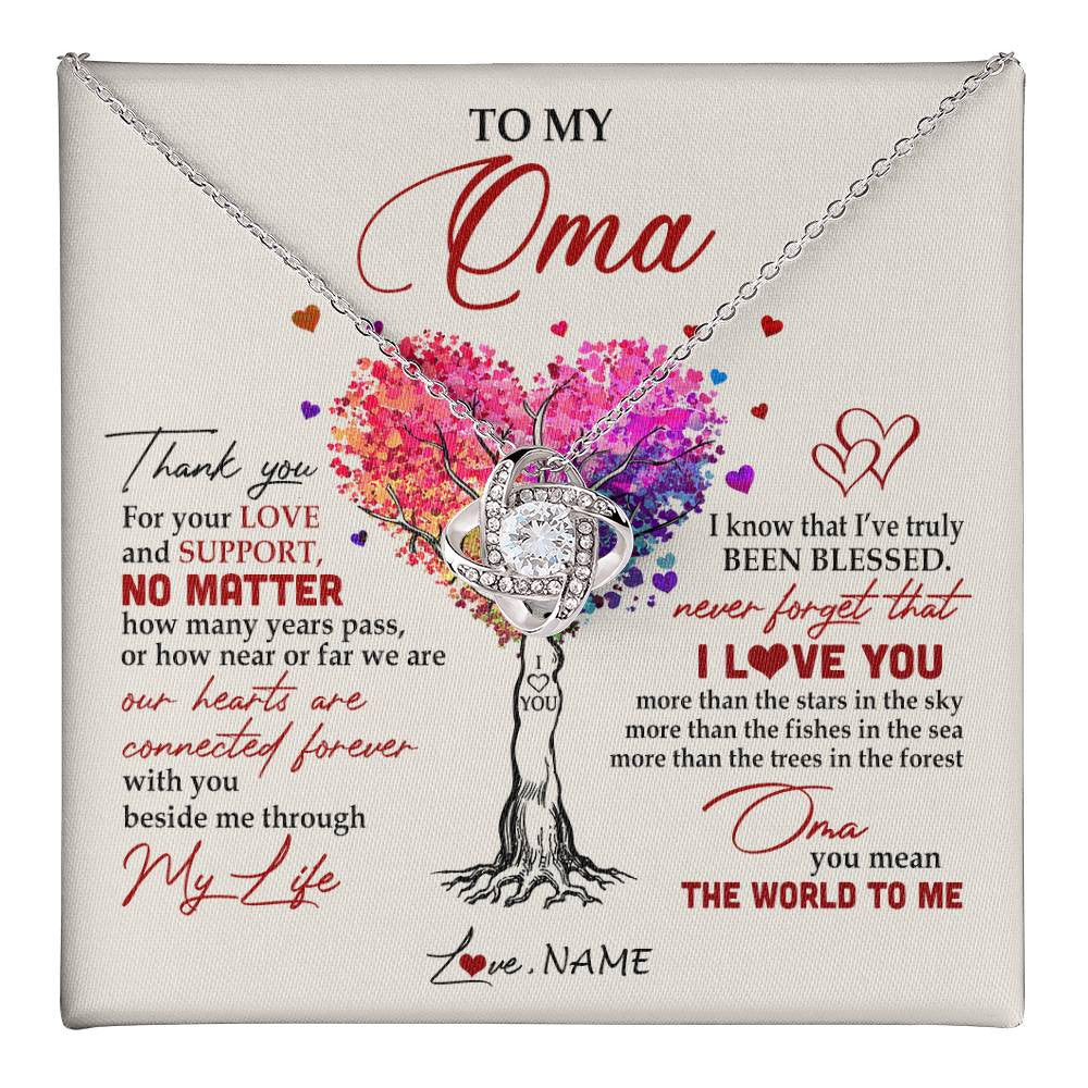 Love Knot Necklace 14K White Gold Finish | 1 | Personalized To My Oma Necklace From Grandkids Never Forget That I Love You You Mean The World Oma Birthday Mothers Day Christmas Customized Gift Box Message Card | siriusteestore