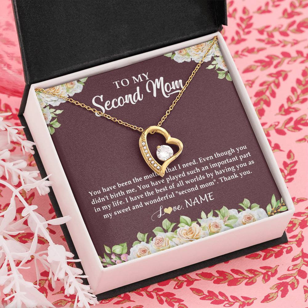 Forever Love Necklace 18K Yellow Gold Finish | Personalized To My Second Mom Necklace Sweet Wonderful Mother In Law Stepmother Stepmom Jewelry Birthday Mothers Day Christmas Customized Gift Box Message Card | siriusteestore