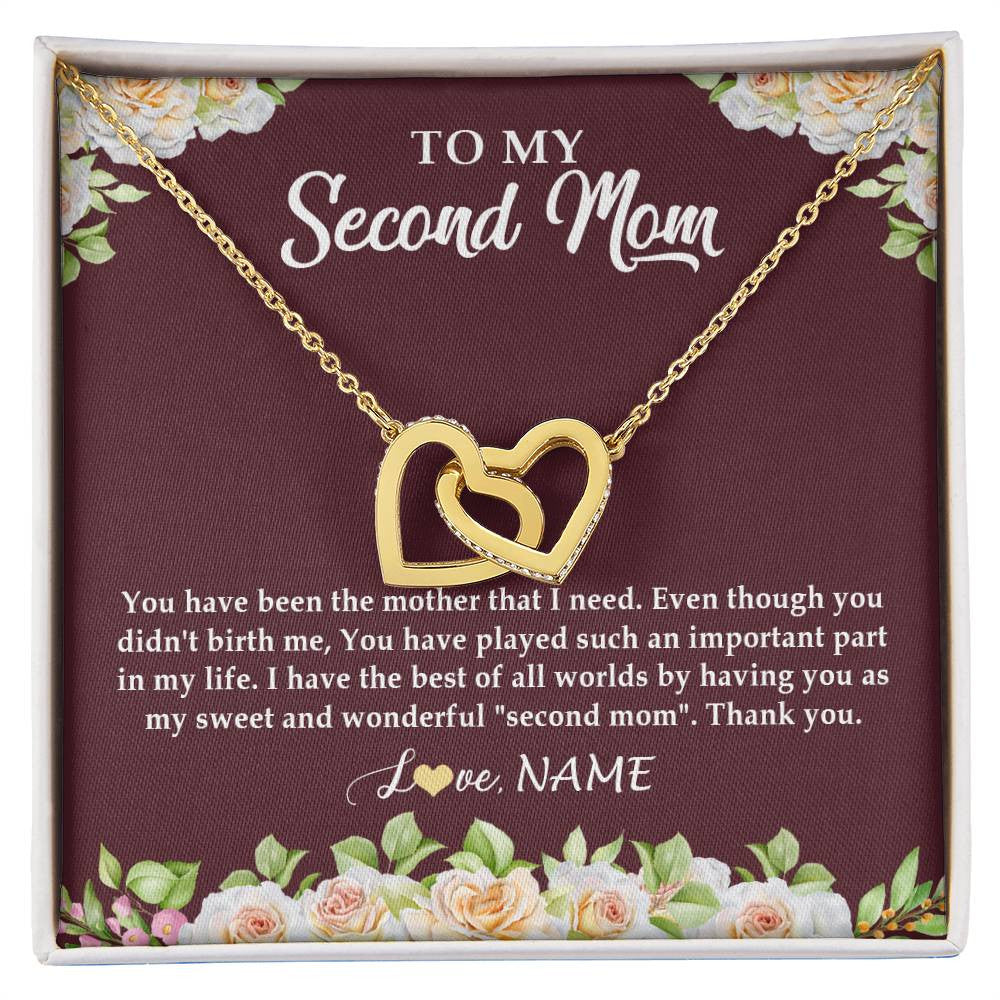 Interlocking Hearts Necklace 18K Yellow Gold Finish | Personalized To My Second Mom Necklace Sweet Wonderful Mother In Law Stepmother Stepmom Jewelry Birthday Mothers Day Christmas Customized Gift Box Message Card | siriusteestore