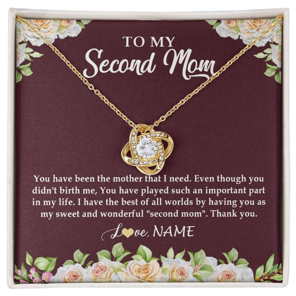Love Knot Necklace 18K Yellow Gold Finish | Personalized To My Second Mom Necklace Sweet Wonderful Mother In Law Stepmother Stepmom Jewelry Birthday Mothers Day Christmas Customized Gift Box Message Card | siriusteestore