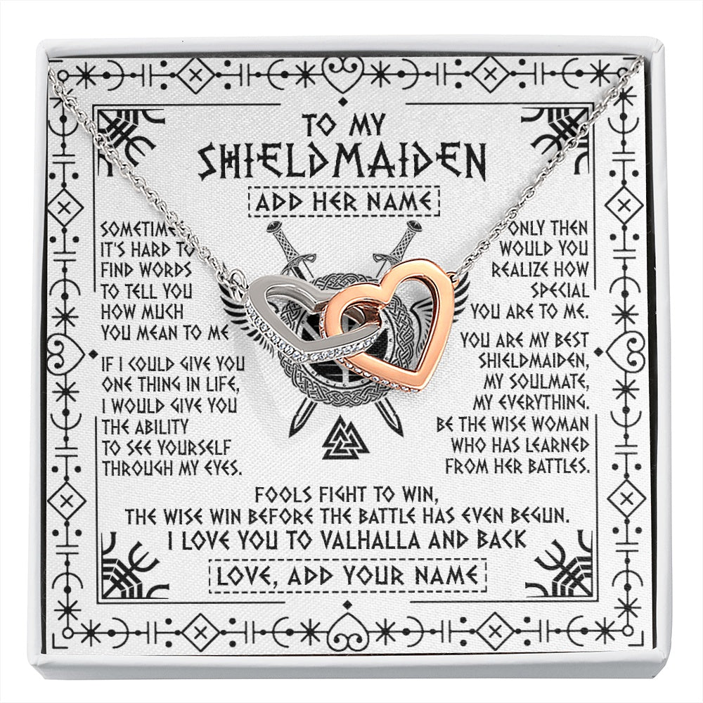 Interlocking Hearts Necklace Stainless Steel & Rose Gold Finish | 1 | Personalized To My Shieldmaiden Gifts Necklace Viking Valhalla Scandinavian For Wife Girlfriend Custom Anniversary Birthday Jewelry Gift Box Message Card | https://siriusteestore.