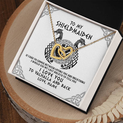 Interlocking Hearts Necklace 18K Yellow Gold Finish | Personalized To My Shieldmaiden Necklace From Husband I Love You to Valhalla Viking Jewelry Women Birthday Wife Girlfriend Anniversary Customized Message Card | siriusteestore