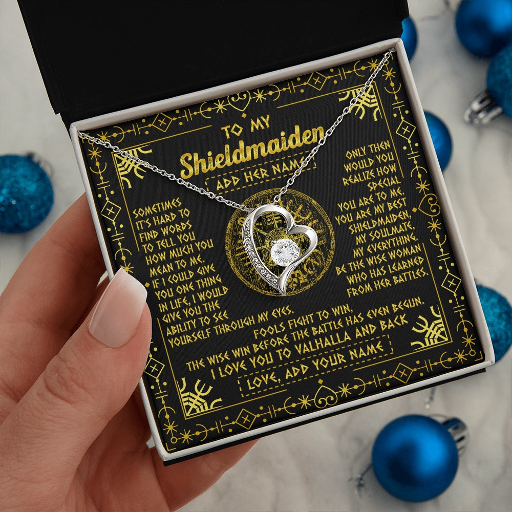 Forever Love Necklace 14K White Gold Finish | 2 | Personalized To My Shieldmaiden Necklace I Love You To Valhalla And Back Viking Jewelry Women Birthday Wife Daughter Anniversary Custom Gift Box Message Card | https://siriusteestore.