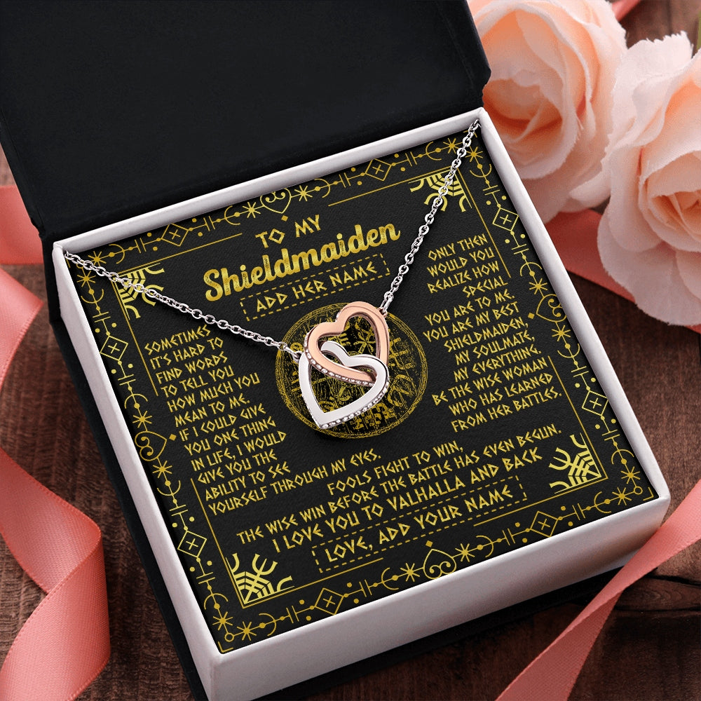 Interlocking Hearts Necklace Stainless Steel & Rose Gold Finish | 2 | Personalized To My Shieldmaiden Necklace I Love You To Valhalla And Back Viking Jewelry Women Birthday Wife Daughter Anniversary Custom Gift Box Message Card | https://siriusteestore.