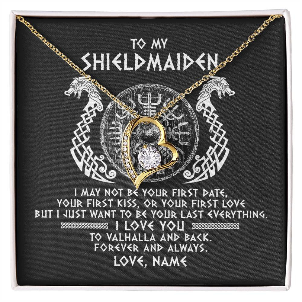 Forever Love Necklace 18K Yellow Gold Finish | Personalized To My Shieldmaiden Necklace Viking I Love You to Valhalla Jewelry For Wife Girlfriend From Husband Birthday Anniversary Customized Message Card | siriusteestore