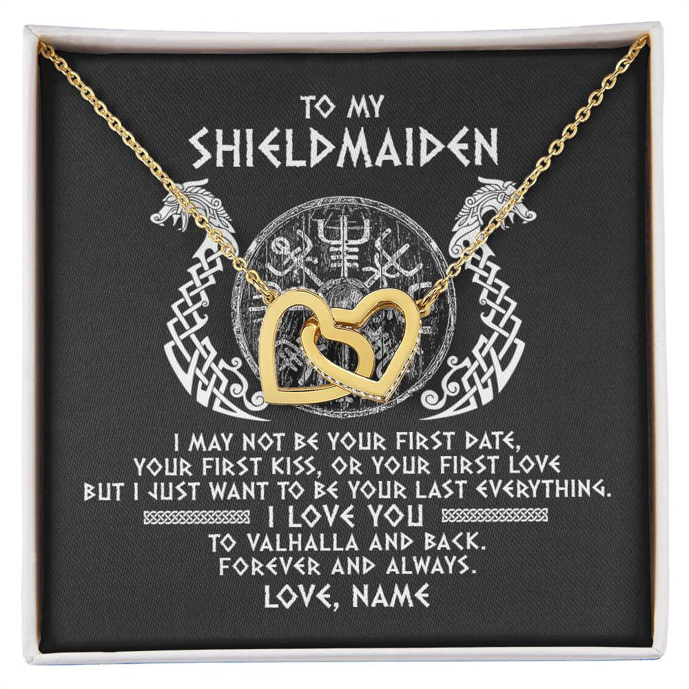 Interlocking Hearts Necklace 18K Yellow Gold Finish | Personalized To My Shieldmaiden Necklace Viking I Love You to Valhalla Jewelry For Wife Girlfriend From Husband Birthday Anniversary Customized Message Card | siriusteestore