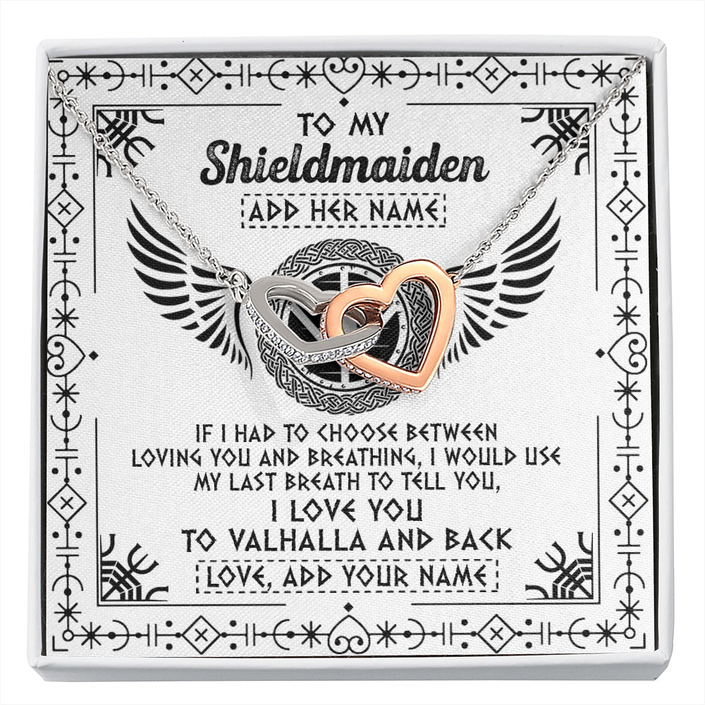 Interlocking Hearts Necklace Stainless Steel & Rose Gold Finish | 1 | Personalized To My Shieldmaiden Necklace Viking Jewelry For Women I Love You Valhalla Gift For Wife Girlfriend Birthday Christmas Custom Gift Box Message Card | https://siriusteestore.