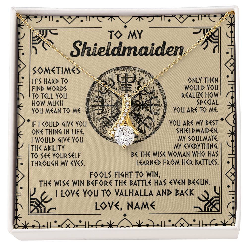 Alluring Beauty Necklace 18K Yellow Gold Finish | Personalized To My Shieldmaiden Necklace Viking Vintage I Love You to Valhalla Jewelry Fiancee Wife Girlfriend Birthday Anniversary Customized Message Card | siriusteestore