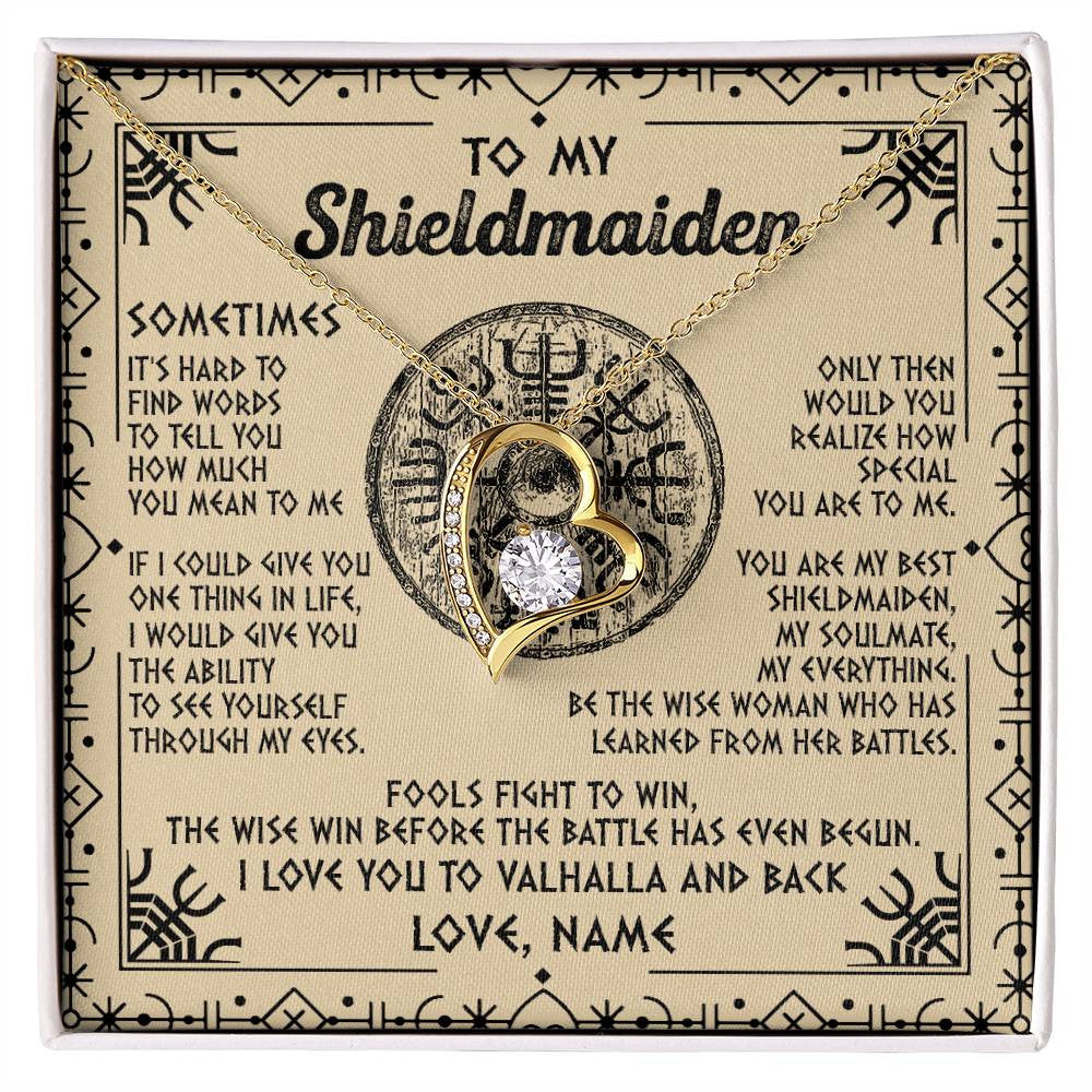 Forever Love Necklace 18K Yellow Gold Finish | Personalized To My Shieldmaiden Necklace Viking Vintage I Love You to Valhalla Jewelry Fiancee Wife Girlfriend Birthday Anniversary Customized Message Card | siriusteestore