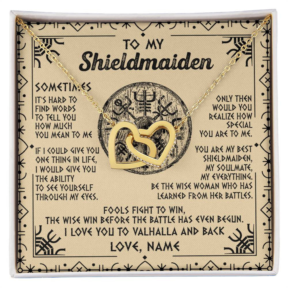 Interlocking Hearts Necklace 18K Yellow Gold Finish | Personalized To My Shieldmaiden Necklace Viking Vintage I Love You to Valhalla Jewelry Fiancee Wife Girlfriend Birthday Anniversary Customized Message Card | siriusteestore