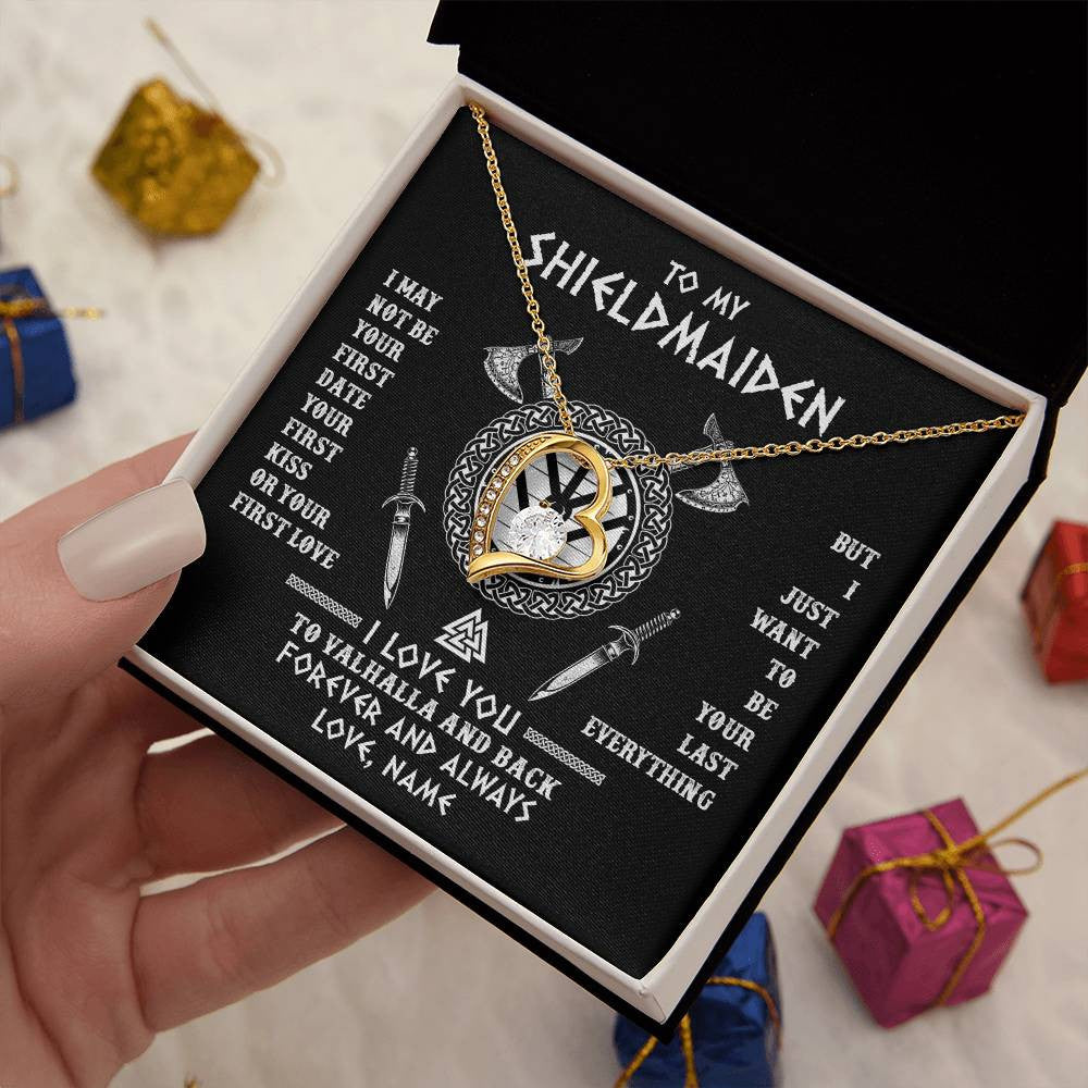 Forever Love Necklace 18K Yellow Gold Finish | 2 | Personalized To My Shieldmaiden Viking Necklace I Love You To Valhalla And Back Wife Girlfriend Women Birthday Anniversary Customized Gift Box Message Card | siriusteestore