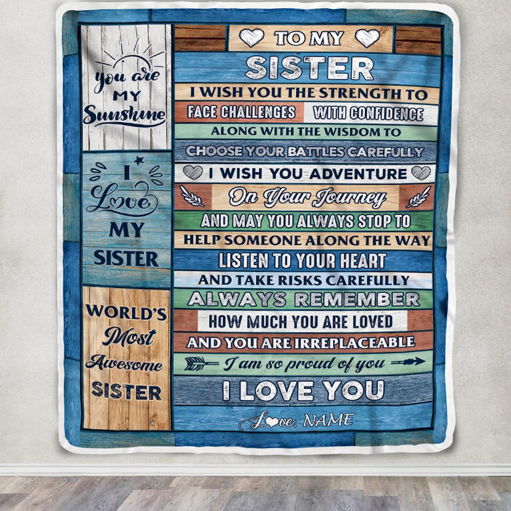 Personalized To My Sister Blanket From Brother Sister Wood I Am So Proud Of You I Love You Sister Birthday Graduation Christmas Customized Fleece Blanket | siriusteestore